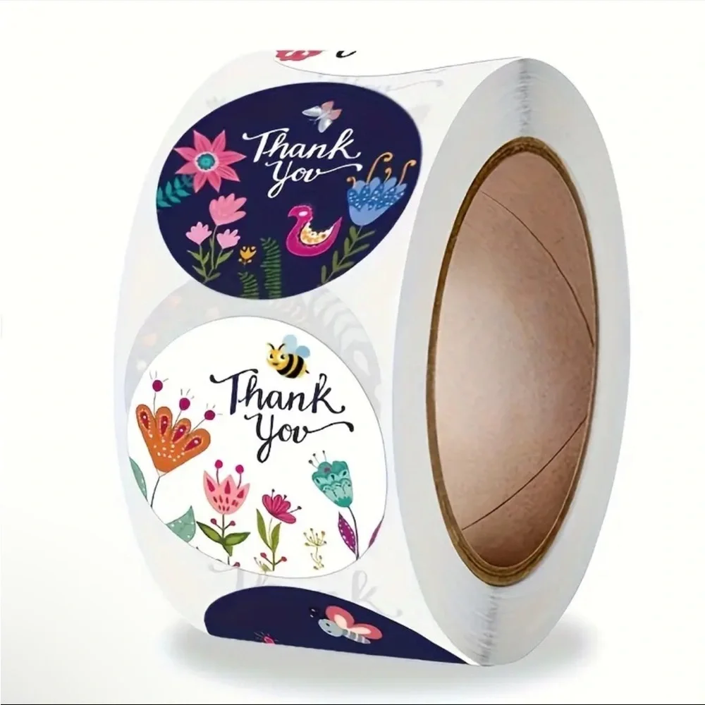 Roll of 500 Round Thank You Stickers Flowers & Birds